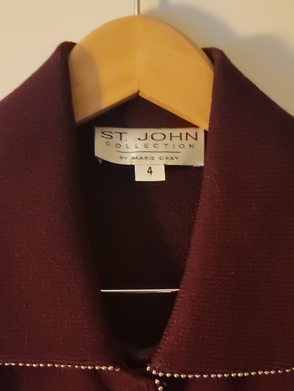 VTG St. John Collection Burgundy Santana Knit Skirt Suit Set Gold Beaded Trim 4